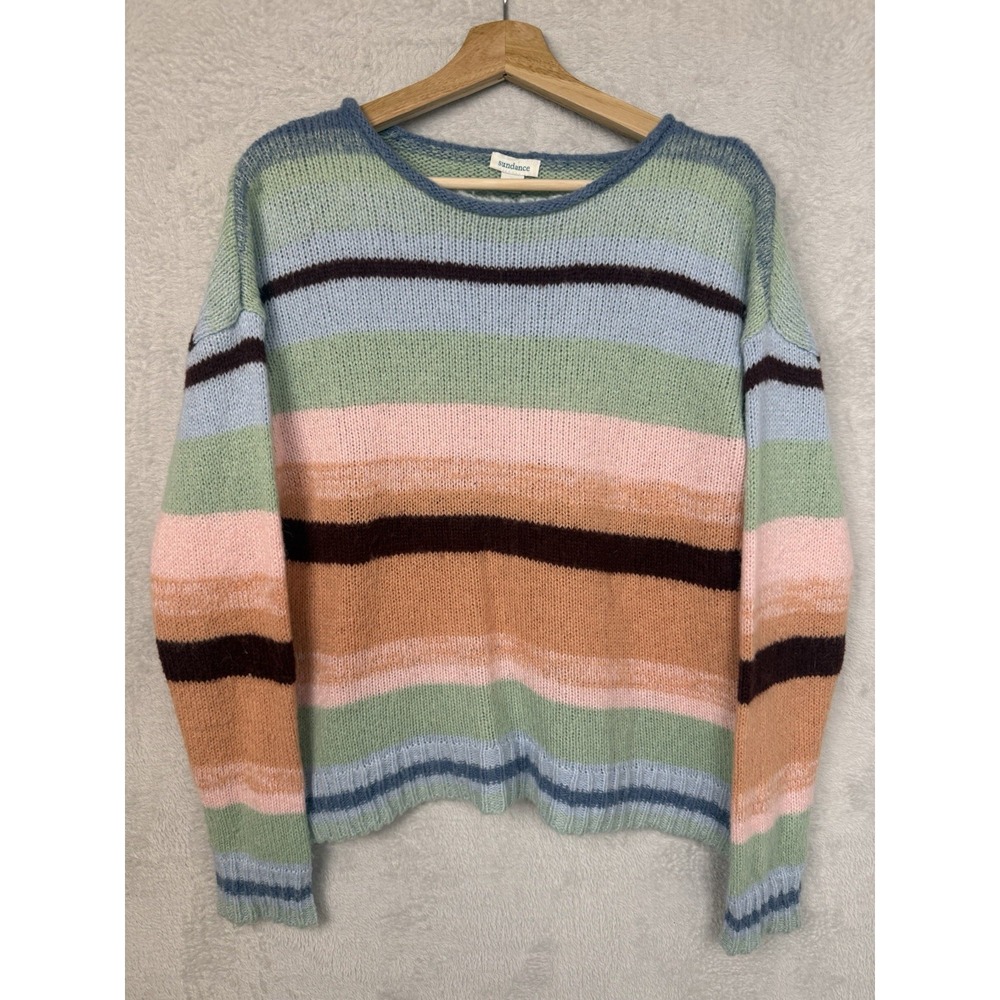 Vintage Sundance Striped Multicolor Chunky Knit Pullover Wool Blend Boho Sweater